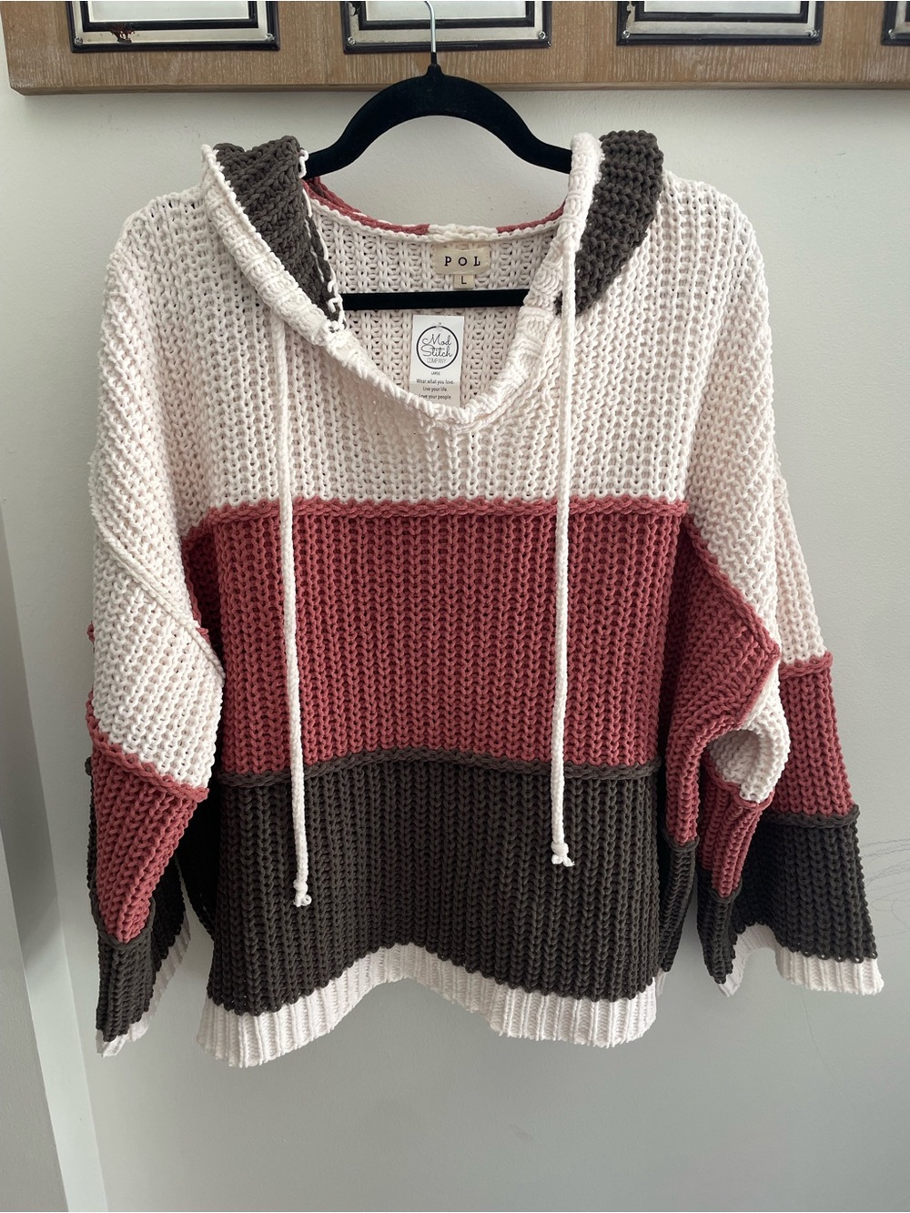 POL Striped Knit Hoodie in Cream, Rosewood & Brown